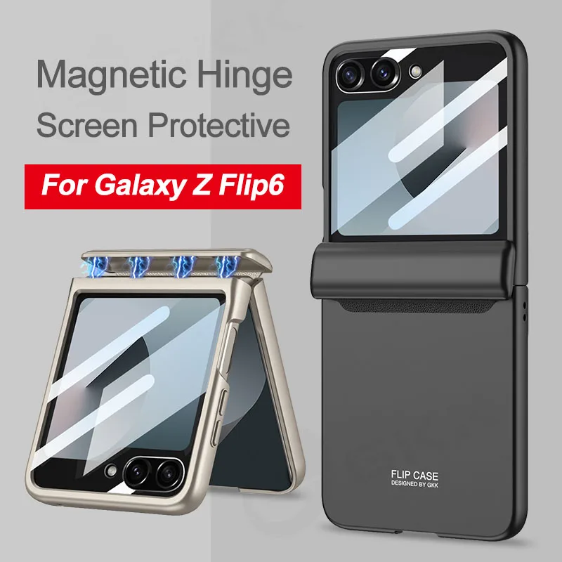 Magnetic Hinge Armor Case For Samsung Galaxy Z Flip 6 Back Screen Glass Hard Matte All-included Cover For Samsung Z Flip 5 Case