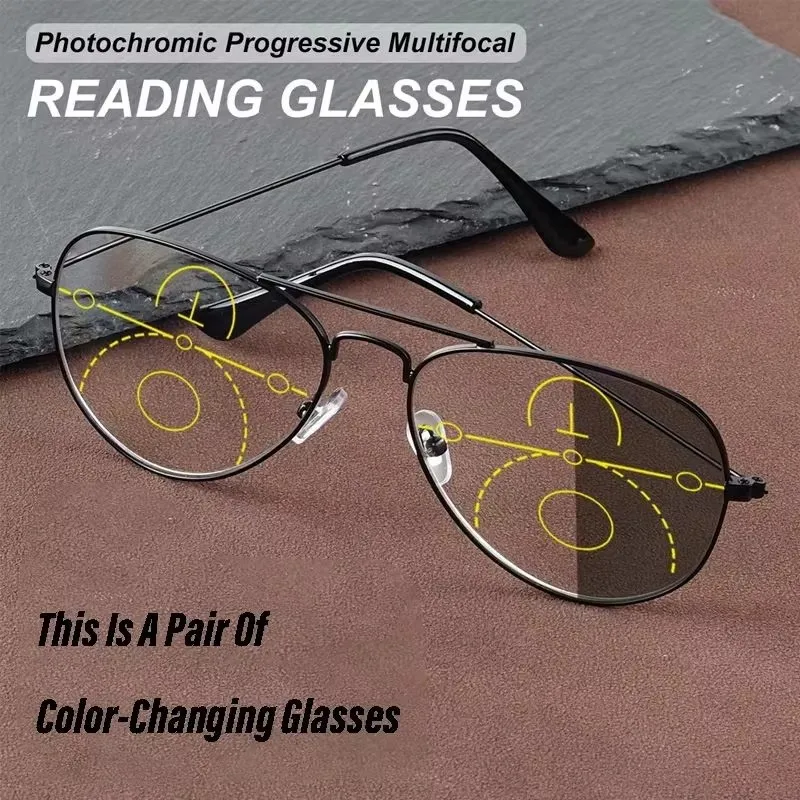 Casual Style Photochromic Multifocal Reading Glasses For Men , Metal Plated Frame, Strength Anti Blue Light Lenses Glasses