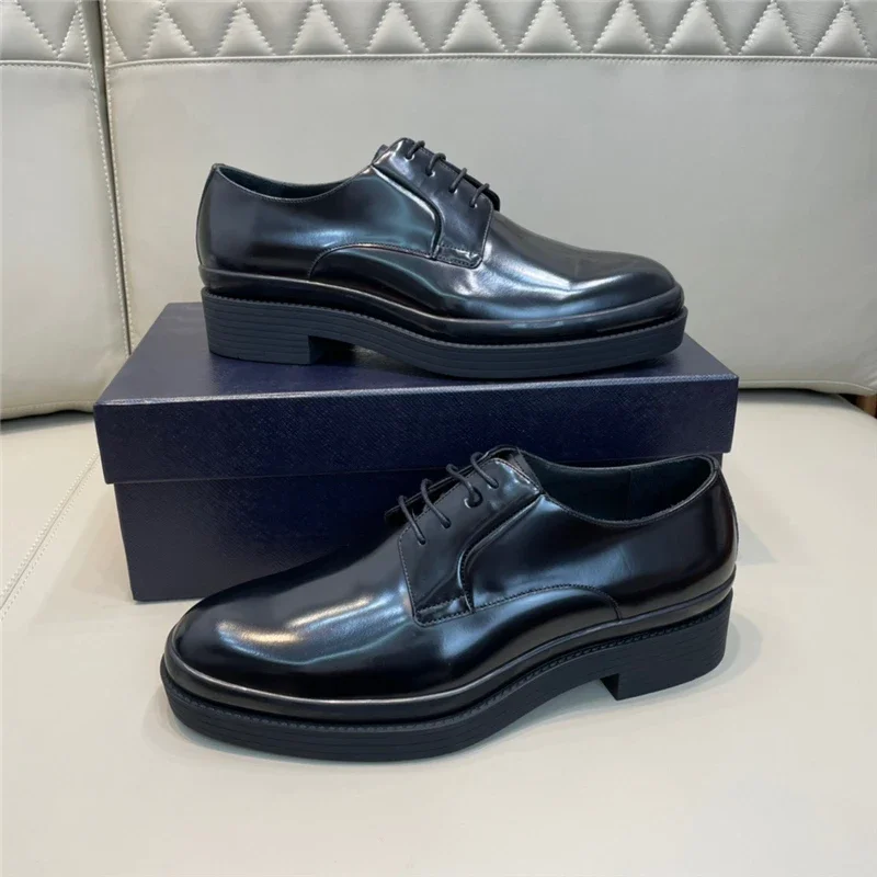 

2024 New High-end Business Formal Men's Shoes With Thick Soles, Genuine Leather, And Bright Lace Up Men's Dress Shoes