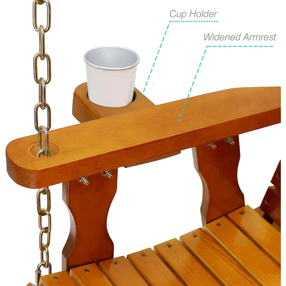 4FT Wooden Porch Swing w/Cupholders,Heavy Duty 800LBS Outdoor Swing Bench w/Chains,Patio Roll Back Swing Chair Bench