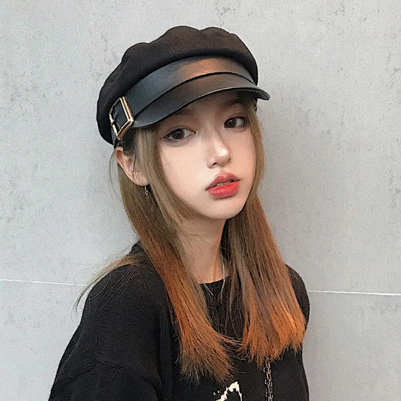 Autumn New Bright Leather Low Brim Cap Fashion Europe and The United States with Black Pu Newsboy Cap Four Seasons with Casual