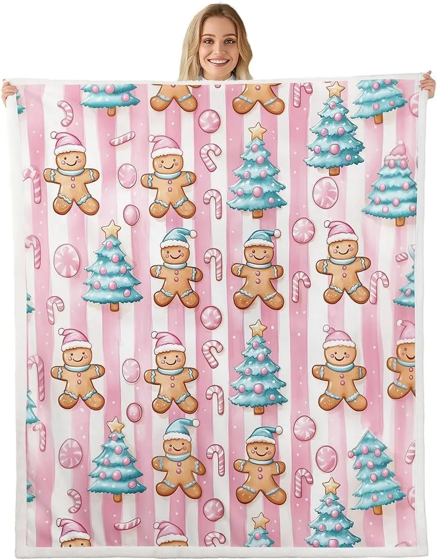 

Милое флисовое фланелевое одеяло с пряничным человечком, акварельное одеяло с рождественскими елками, кровать, диван, диван, одеяло, розовые конфеты, леденец, нечеткая мягкая