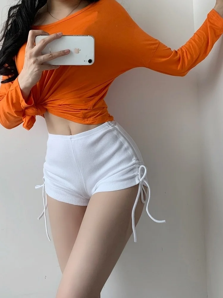 Hot Sexy WOMENGAGA 2021 Skinny Knitting Elasticity White High Waist Girl Female Movement Drawstring Folds Shorts Short S8IV