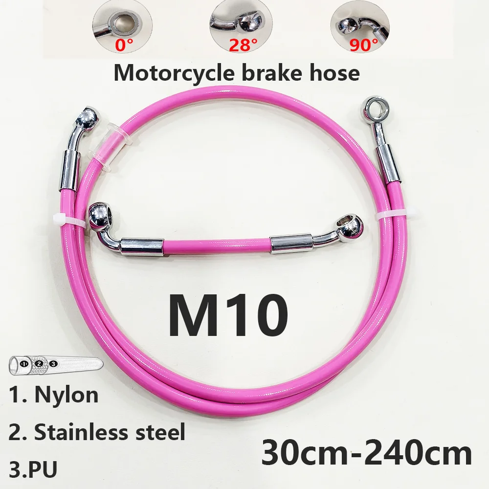 M10 Pink0°-28°-90° Universal Motorcycle Oil Hose Braided Steel Hydraulic Reinforce Brake Cable Clutch Pipe 30 To 240cm