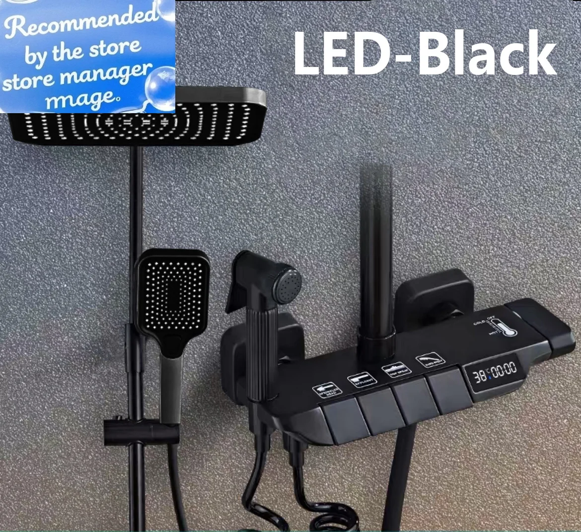 أسود الرقمية دش مجموعة الحمام الأمطار النحاس الحائط 4 طريقة دش صنبور حوض الاستحمام ترموستات المطر صنبور حوض خلاط نظام الدش