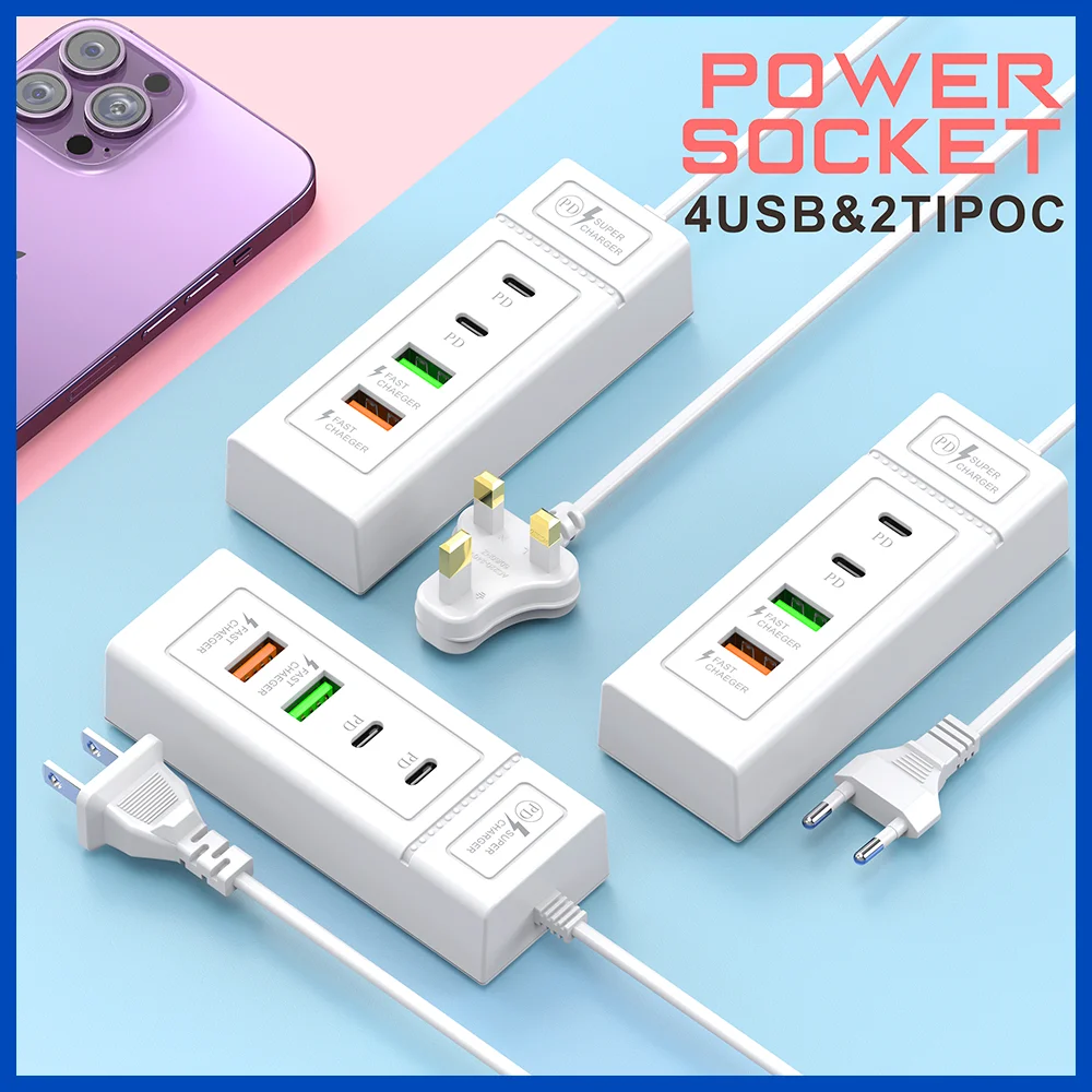 4 Ports USB Travel Charger 3.1A Fast Charging PD Wall Charger For iPhone 15 14 13 Samsung Xiaomi Mobile EU/US Quick Charge Plug