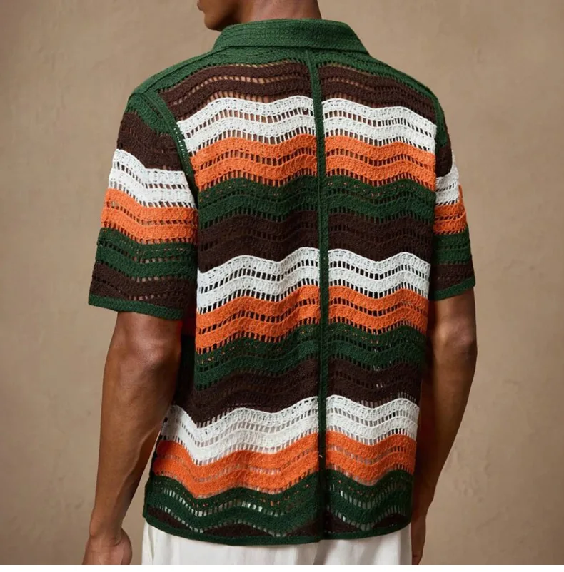 American Style Men's Retro Crochet Lace Up Polo Shirt for Summer New Striped Loose Fit Shirts Knitted Breathable Luxury Top