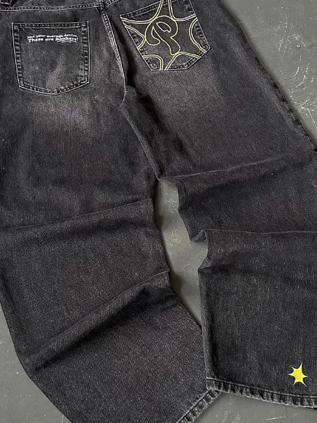 

Men's Black Embroidered Casual Jeans Machine Embroidery Standard Fit Low Waist Denim Pants for Daily Wear Spring Autumn