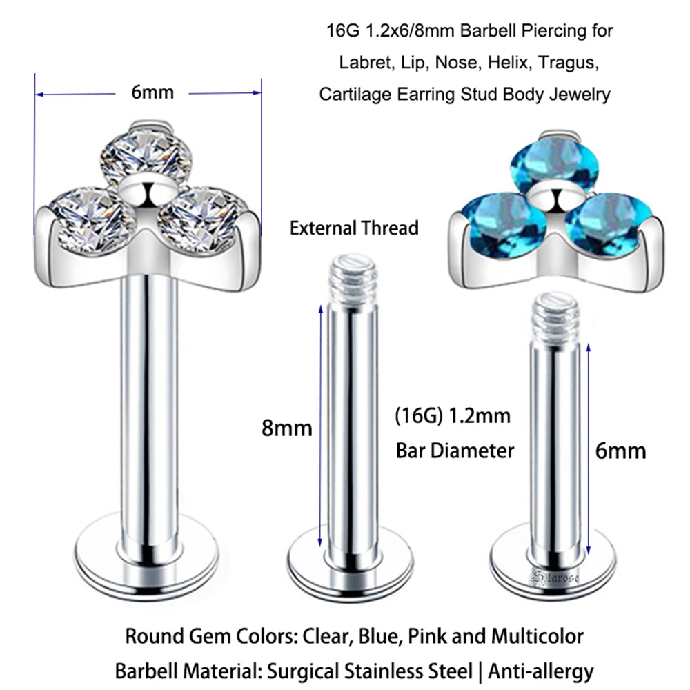 2Pcs 1.2x6/8mm Three-Gem Nose Stud Ear Piercing Labret Stud Flat Back Stainless Steel Conch Helix Piercing Cartilage Earring 16G