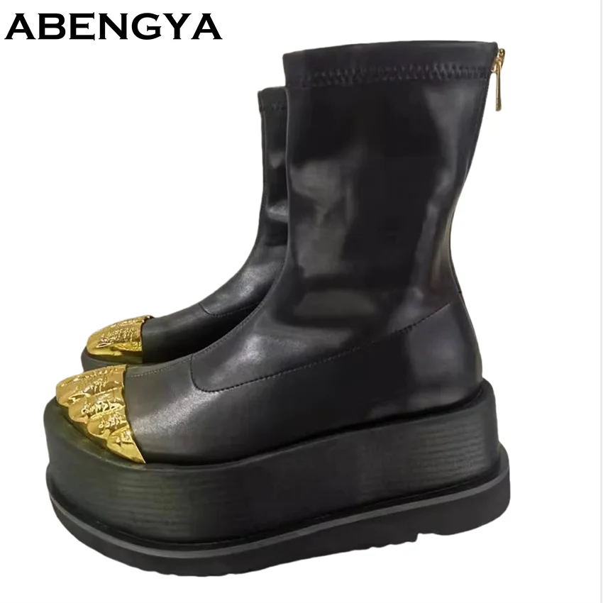 

Thick Bottom Platform Ankle Boots For Women Gold Finger Flat Knight Boots Winter Shoes Black Leather Party Short Boots Woman
