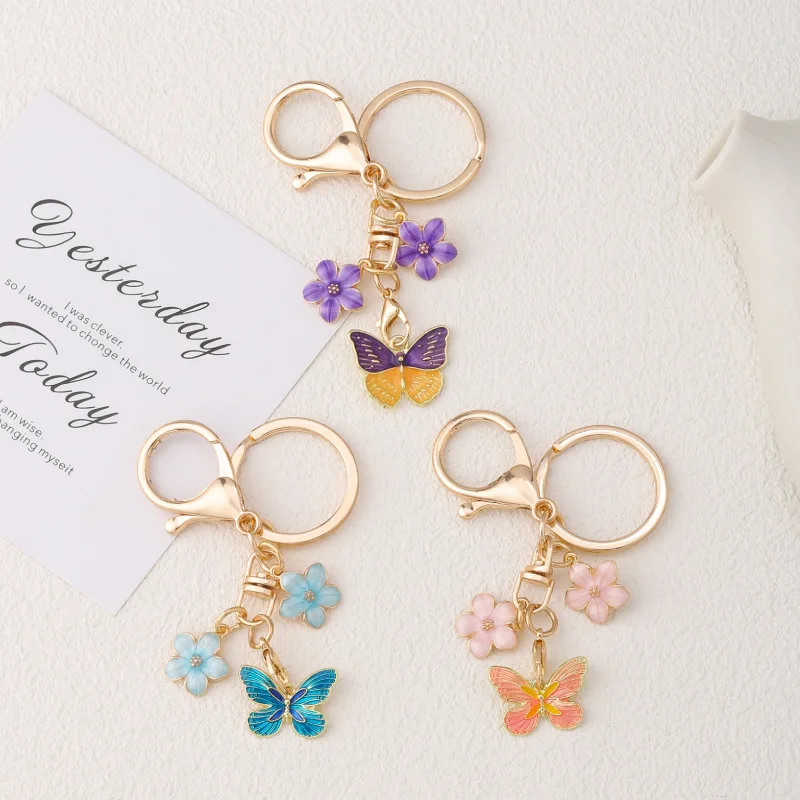 15pcs Flowers Pretty Butterfly Enamel Keychain Plant Flying Insect Key Ring For Women Girl Friendship Gift Handmade Jewelry Set