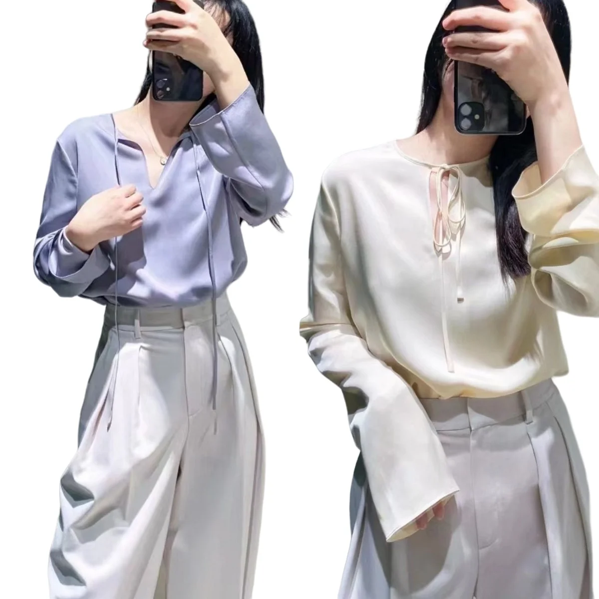 Silk Noble and Elegant V-Neck Tie Shirt Blouse Women Basic Commuting Blouses Streetwear Real Silk Satin Shirts Top Spring Summer