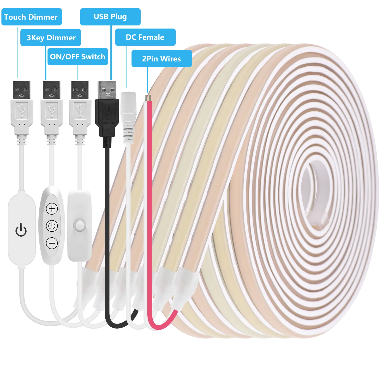 5V USB COB LED Strip Neon Light With Touch Dimmer Switch Waterproof 320LEDs/m Flexible Tape Warm Natural White Room Backlight