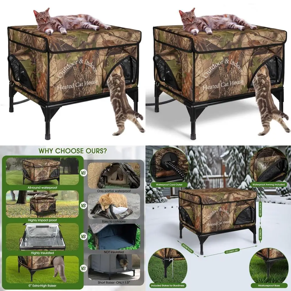 

Изолированный всепогодный уличный кошачий домик с грелками для зимы, повышенное убежище для бродячих кошек (22 л x 16,5 Вт x 18 часов)