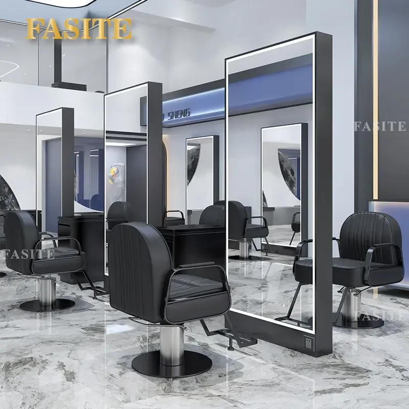For Hair Double Sided Floor Mirror with Light Stainless Steel Barber Shop Cutting Table Simple Style