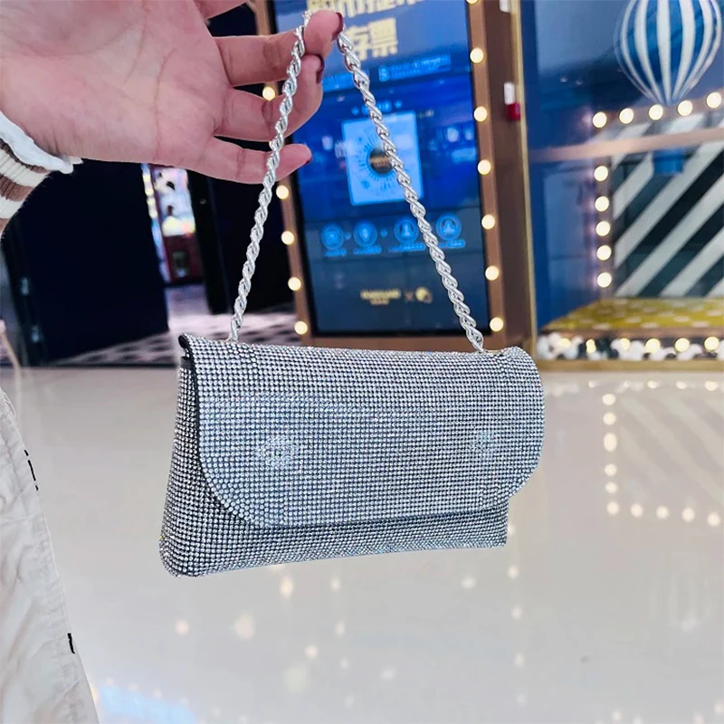 Rhinestones Bag for Women 2024 Mini Purses and Handbags Clutch Wallets Ladies PU Leather Chain Party Evening Shoulder Bag