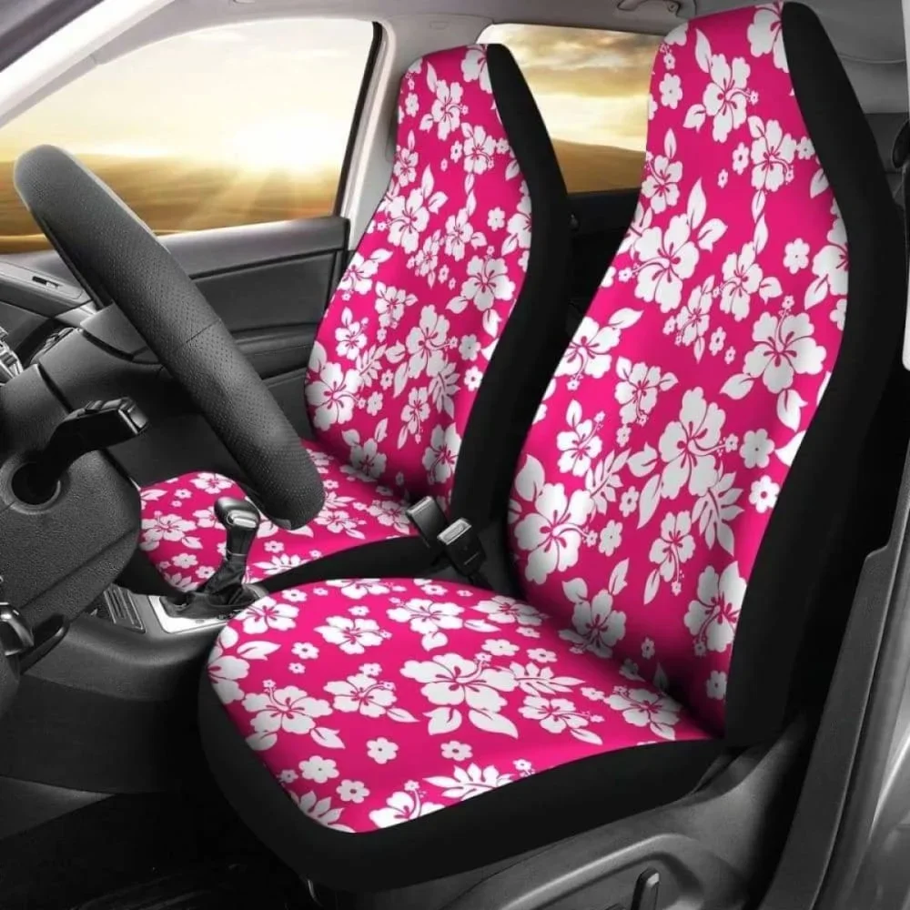 Hot Pink White Hibiscus Hawaiian Flower Car Seat Covers,Pack of 2 Universal Front Seat Protective Cover