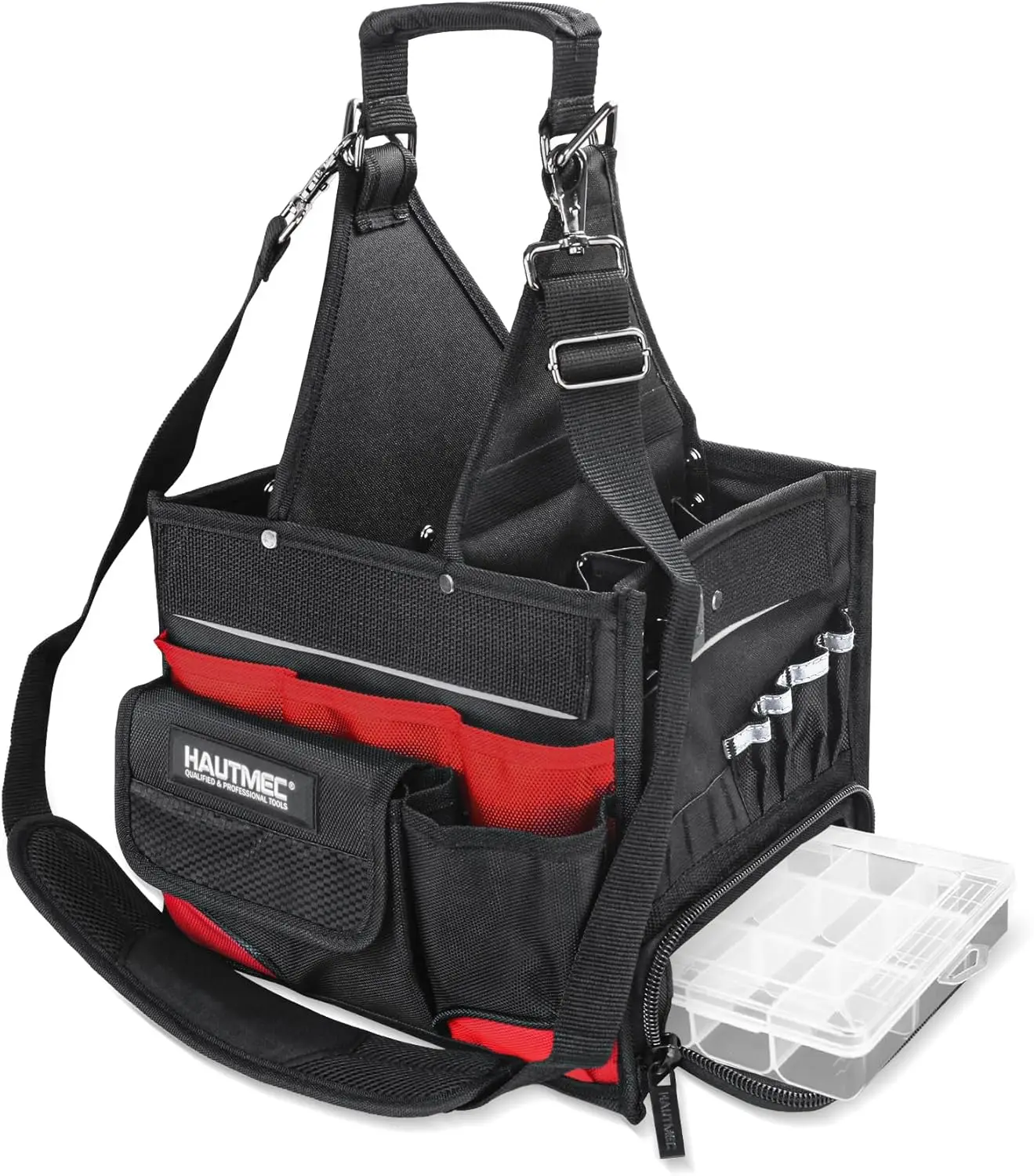 

37-Pocket Open Top Tool Tote with Removable Parts Tray, Heavy Duty Electrician Bag, Reinforced Hard Base, Water-Resistant Oxford Fabric, Padded Shoulder Strap