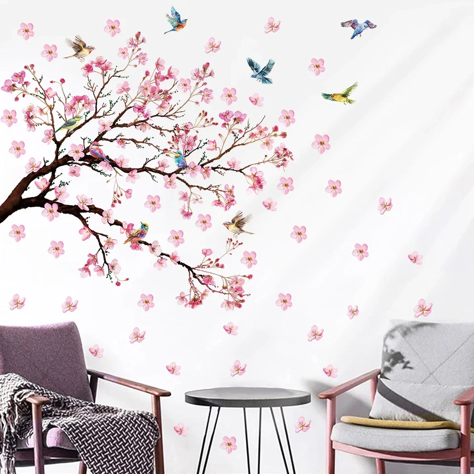 Watercolor-style cartoon bird and floral wall decals set – vibrant hand-painted look – eco-friendly PVC – removable waterproof s