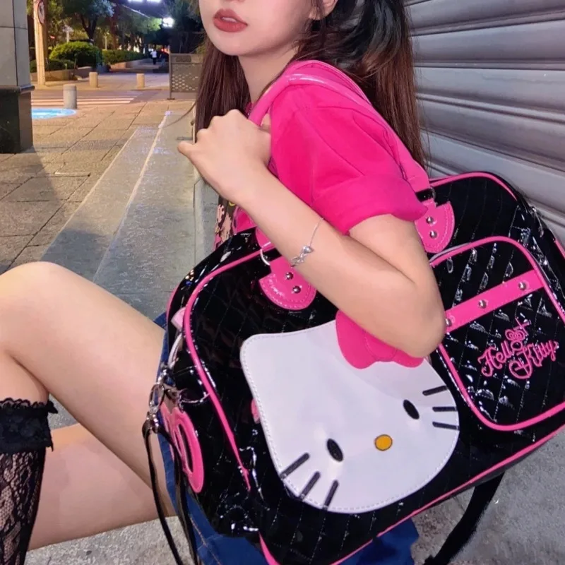 Sanrio Hello Kitty Y2k Black Handbags PU Leather Large Capacity Travel Tote Bags Casual Zipper Luggage Shoulder Bags For Women