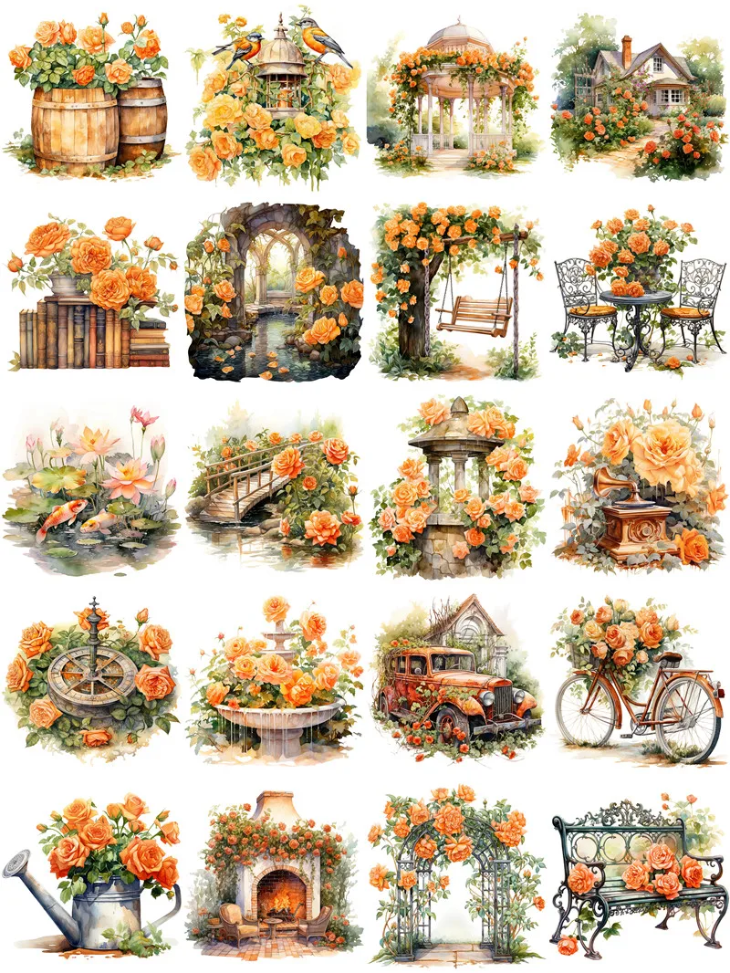 20Pcs/Pack Orange Rose Garden Sticker DIY Craft Scrapbooking Album Junk Journal Decorative Stickers