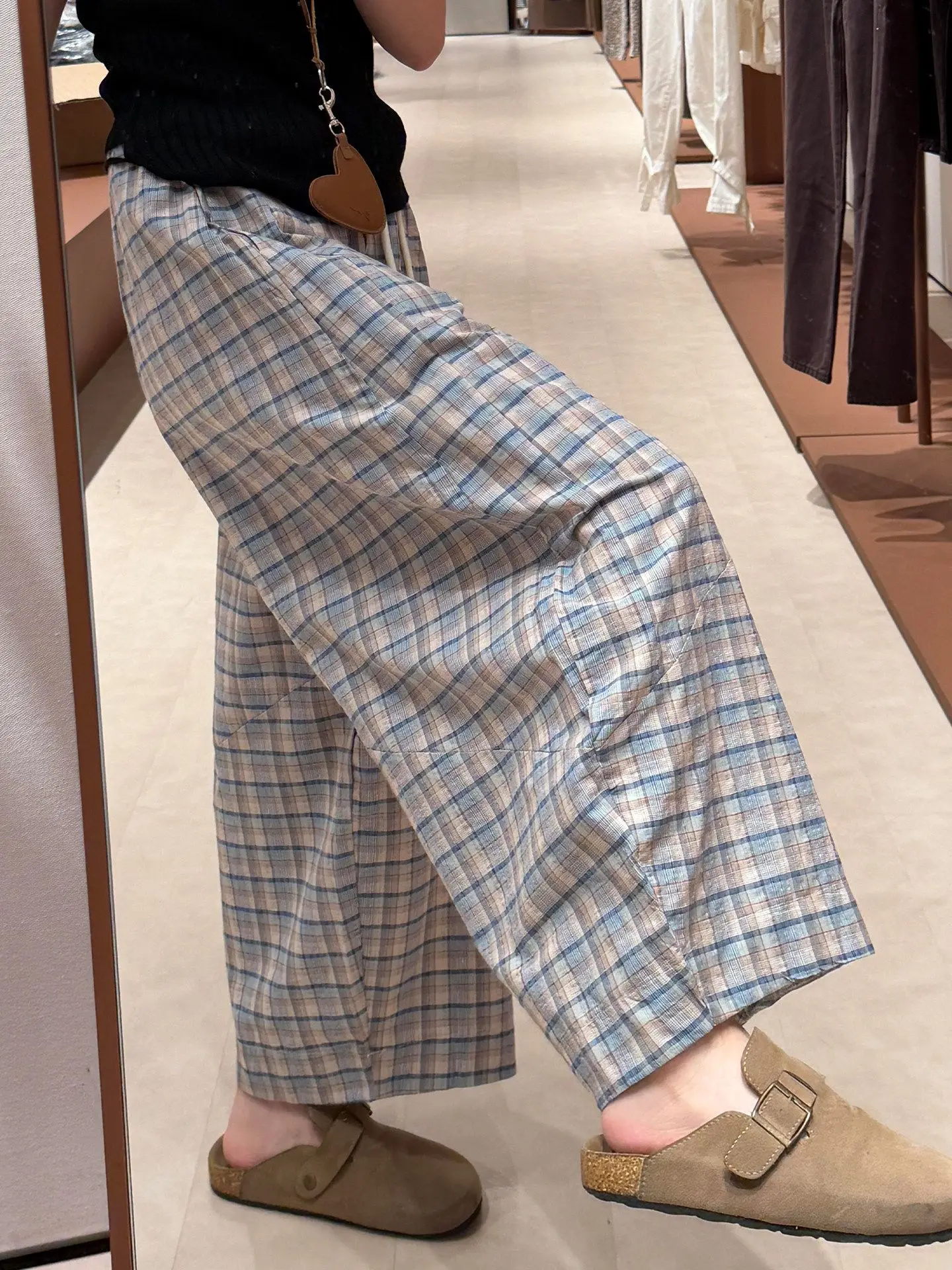 Retro Plaid Wide Leg Pants Women's Loose Slimming Casual High Waist Straight Cut Knife  Pants Autumn New Style Casual Pants