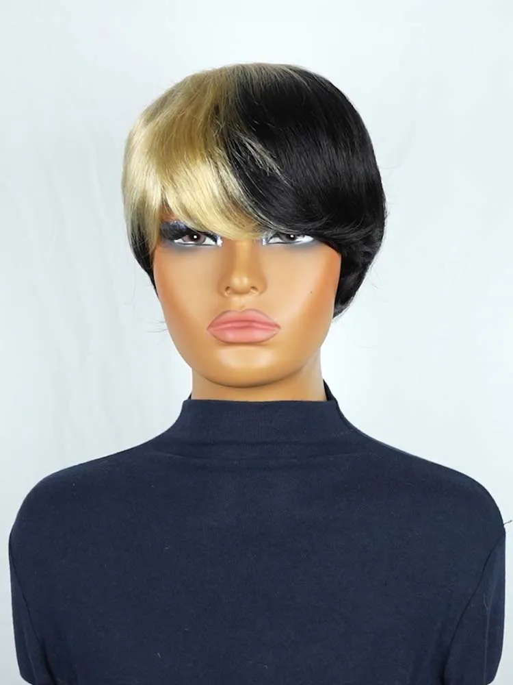 Парики из натуральных волос с стрижкой пикси для женщин Короткий многослойный волнистый парик с стрижкой пикси Реми из человеческих волос Прямой парик машинного производства Черный с блондинкой