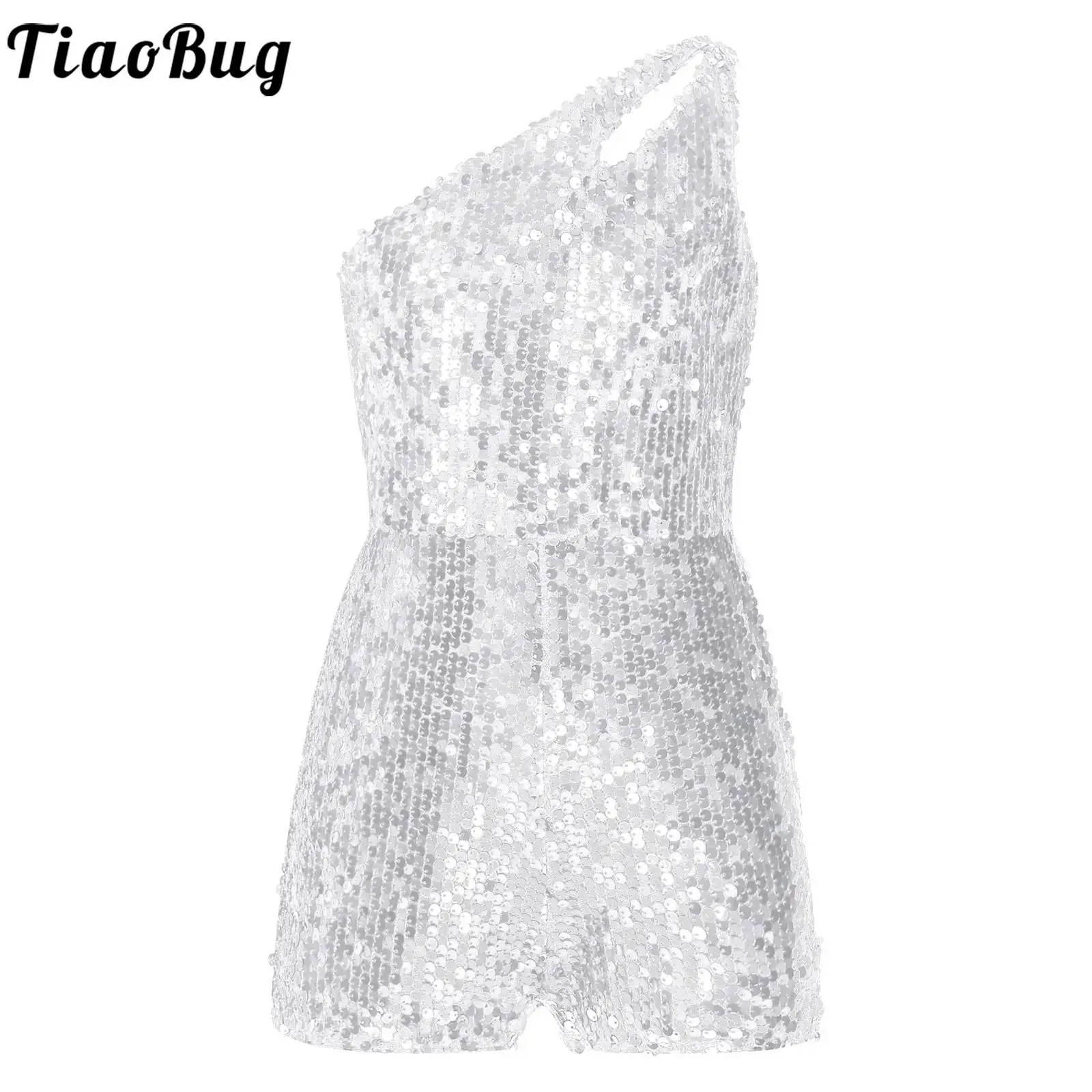 Kids Girls Shiny Sequin Rompers Sleeveless Short Jumpsuit for Birthday Wedding Party Prom Jazz Cha-Cha Dance Sage Performance