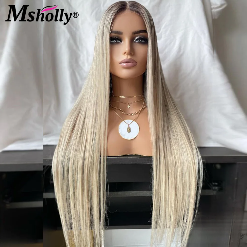 Peluca Frontal de encaje 13x4 para mujer, cabello humano liso platino prearrancado, 30 pulgadas, raíces oscuras, transparente, encaje Frontal