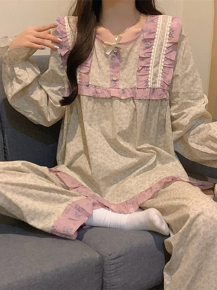 

Женский комплект домашней одежды в стиле ретро с цветочным принтом Long Sve, комплект домашней одежды с кружевной отделкой, весна-осень, новый домашний костюм для отдыха Sle Sweet Sle