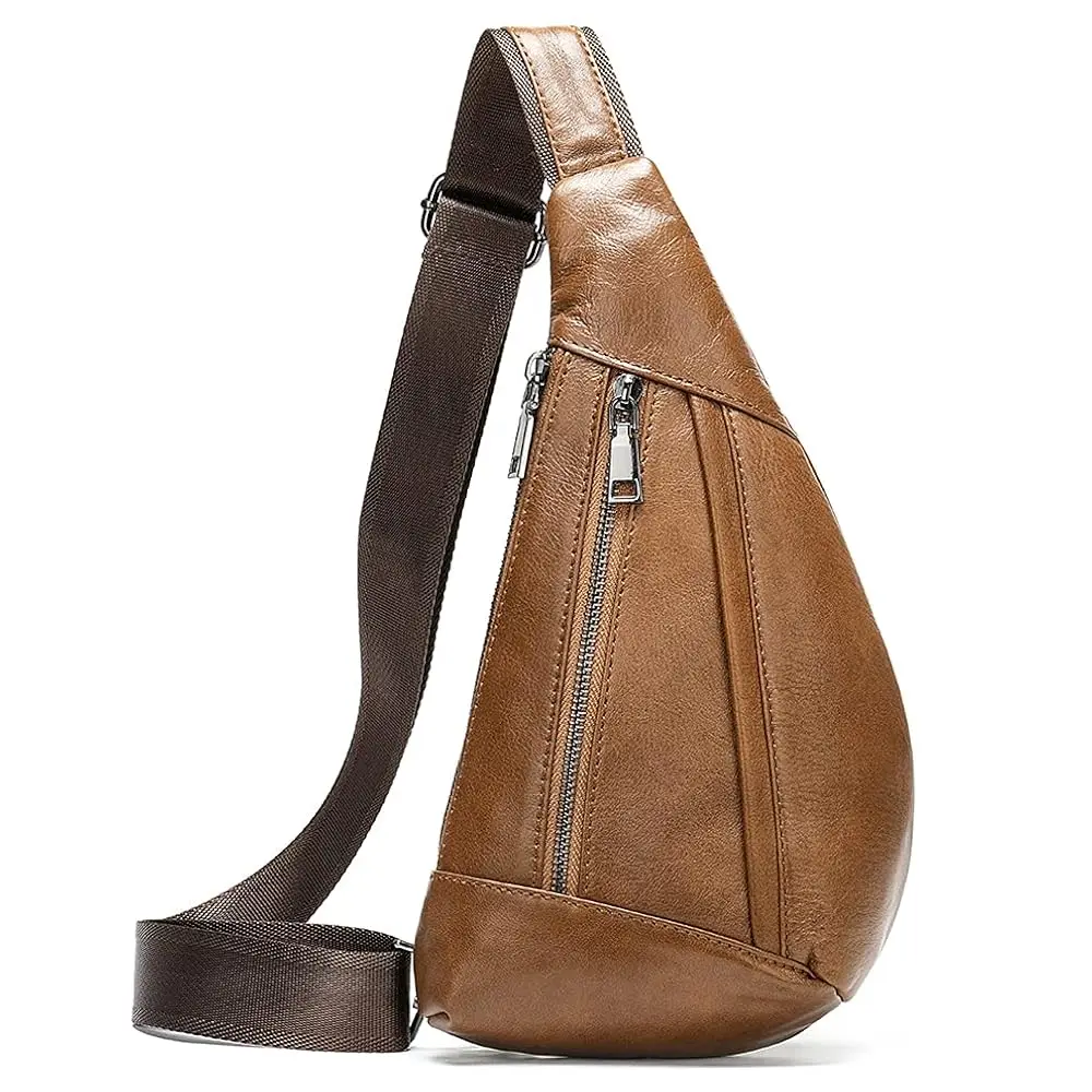 Leather Crossbody Sling Bag for Men Women Single Shoulder Chest Pack Backpack Outdoor Travel Camping Casual Daypack Brown