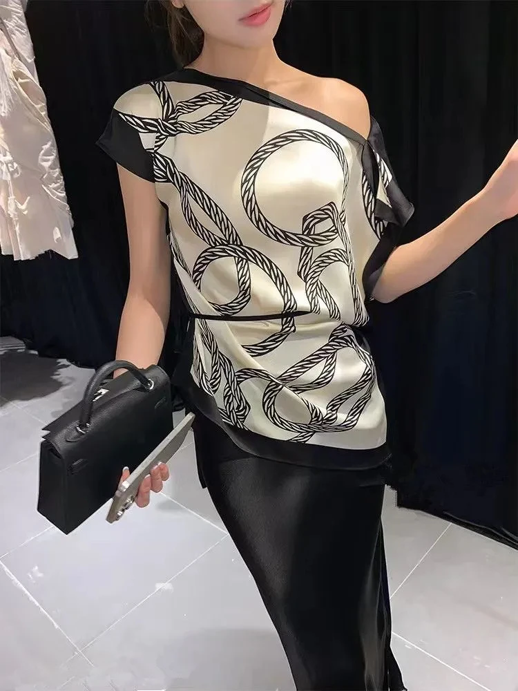 기질 레이디 탑 여름 블라우스 여성 의류 오프 숄더 불규칙 셔츠 루즈 프린트 스큐 칼라 섹시한 Camisas De Mujer