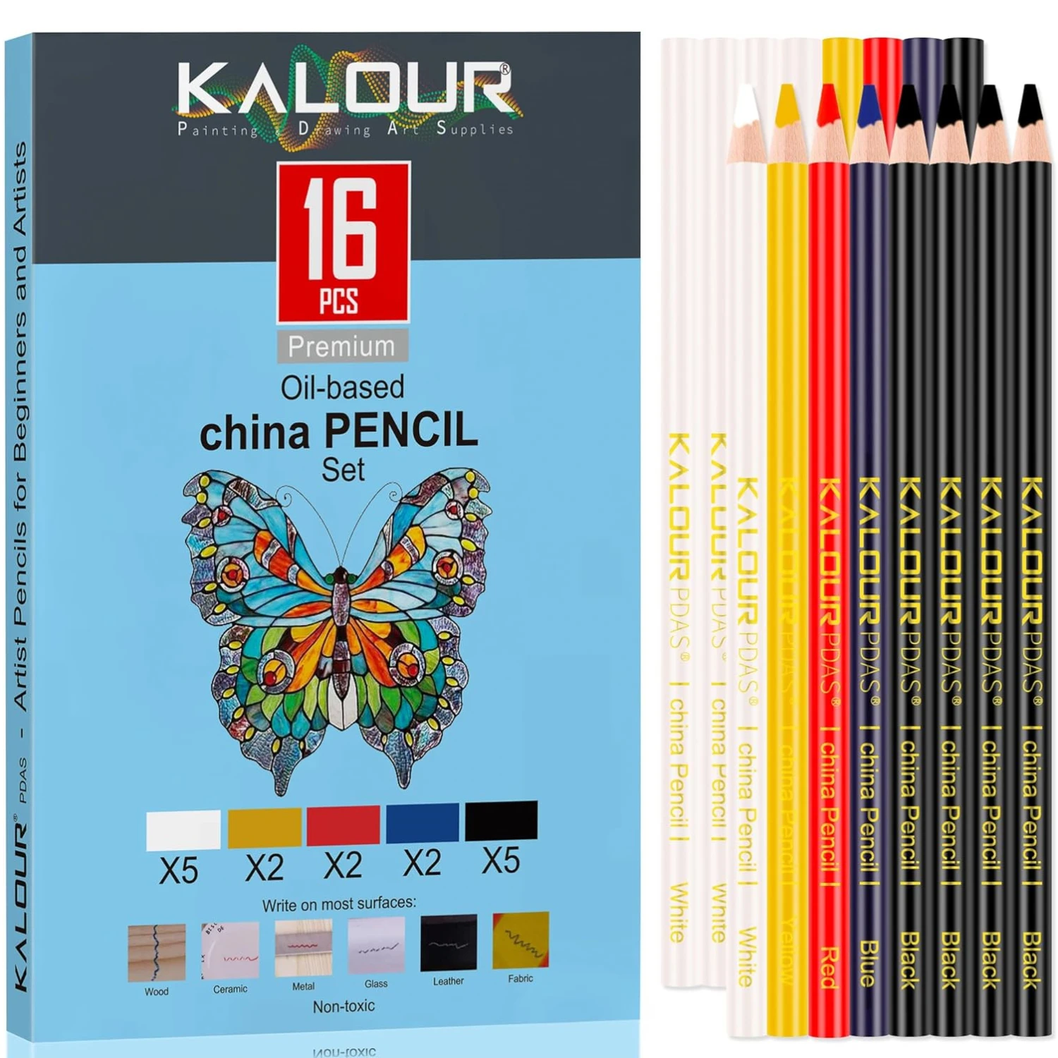 Kalour 16 PCS China Markers Grease Pencils-5 Colors-Marking on Smooth Surfaces Like Glass, Cellophane,Vinyl,Metal,Ceramics,Wood