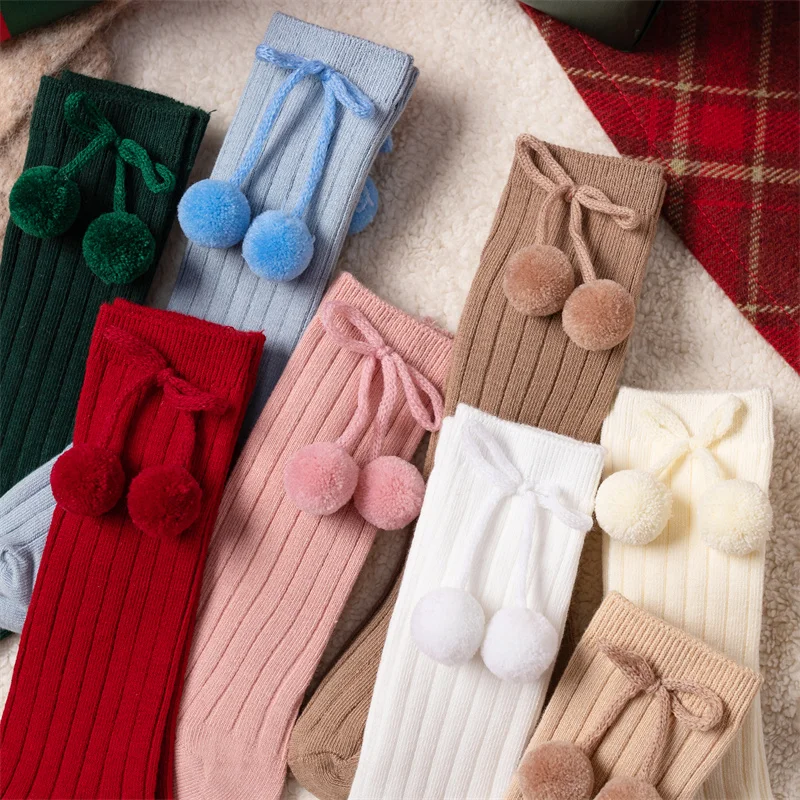 3Pairs/Lot Baby Ball Knee High Socks Soft Cotton Kids Girls Cute Stripe Solid Sock Spanish Children Long Socken For 0-8Years