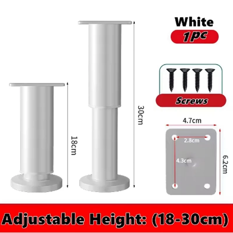 Adjustable Height Furniture Support Legs for Bed Frame, White 18-30cm
