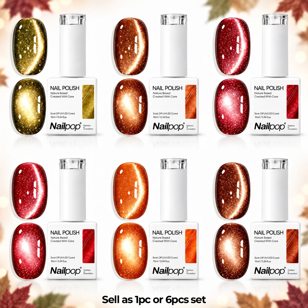 Nailpop Cat Eye Gel Nail Polish, Fall Glitter Collection in Maple Red, Burnt Orange and Nude Brow, UV/LED Soak Off, 1pc/6pc Set