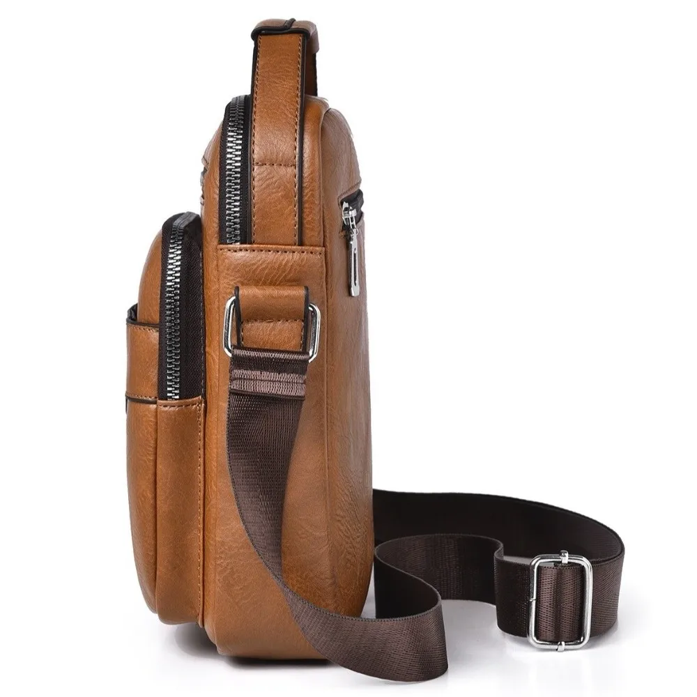 Fashionable Vintage Men Crossbody Bag PU Leather Multi Zipper Pocket Shoulder Bag Waterproof Top Handle Messenger Bag for Men