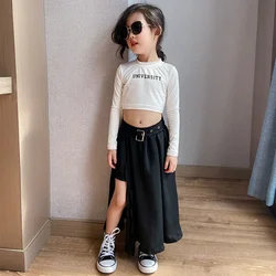 Korean Streetwear Black Chiffon Midi Skirt Slit Irregular High Waist Baby Girls Kids Clothing Party Show Long Skirts 3 To 12 Yrs