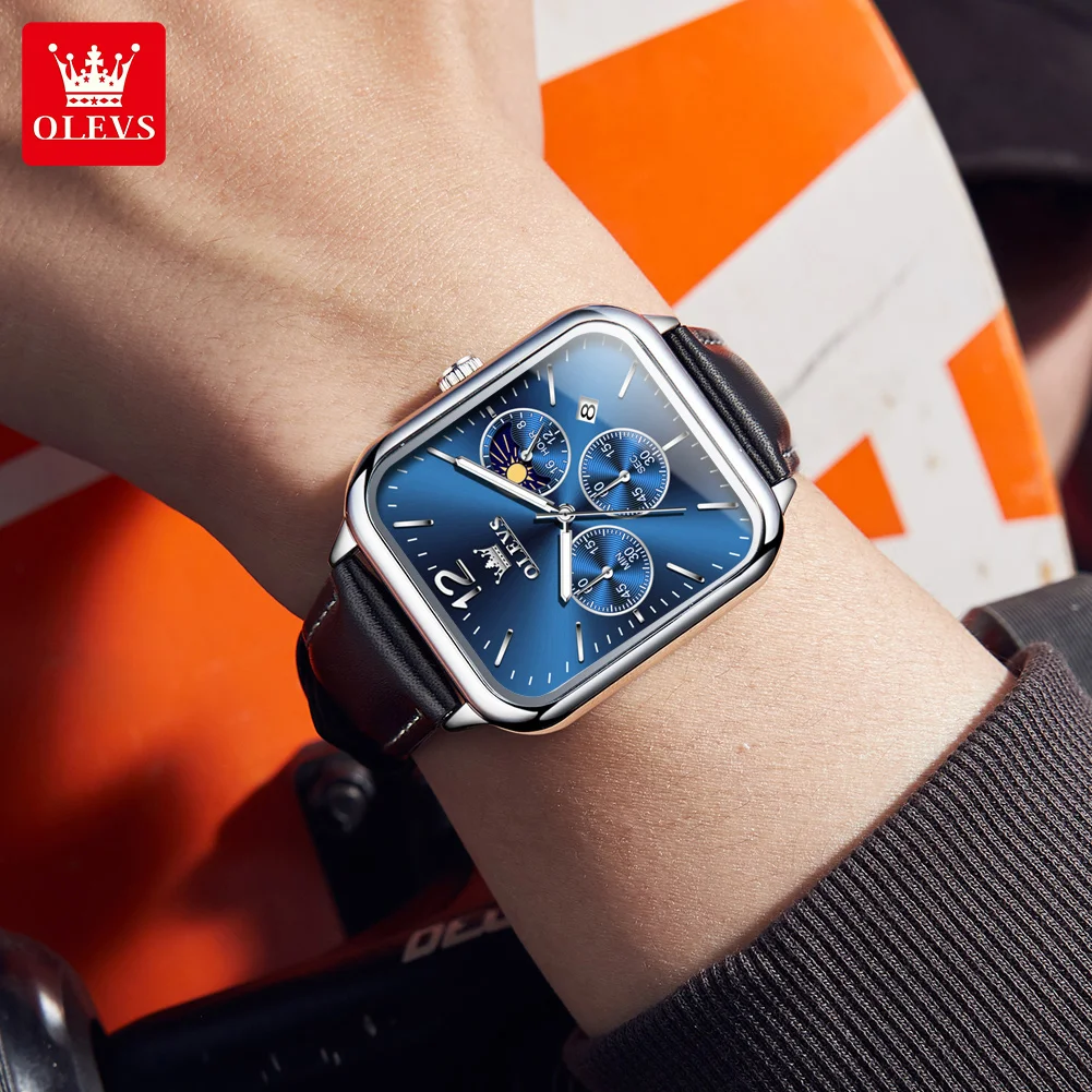 OLEVS 9914 Orologio da uomo al quarzo Orologio da polso multifunzionale con nastro sportivo quadrato Blet Orologio da uomo Luna 30m Scatola luminosa impermeabile regalo