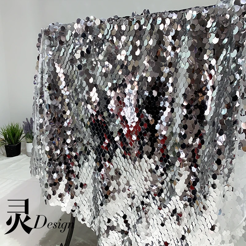 Mesh Fabric Round Fish Scale Sequins Bright Silver Embroidery for Skirt Design Background Decorative Cloth Diy Sewing