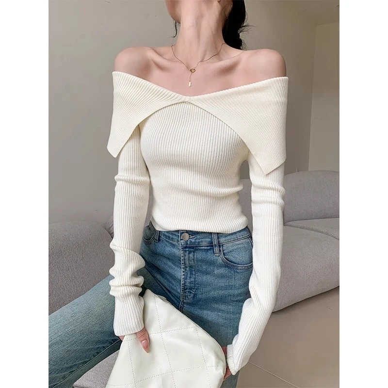 MEXZT Slash Neck Sweater Women Sexy Cropped Off Shoulder Knitted Pullovers Korean Elegant Black Knitwear Winter Ladies Jumpers