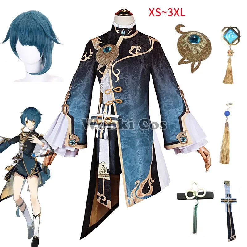 Game Genshin XingQiu Cosplay Costume Xing Qiu Wig Outfit Earrings Halloween Costume Genshin Impact Cosplay