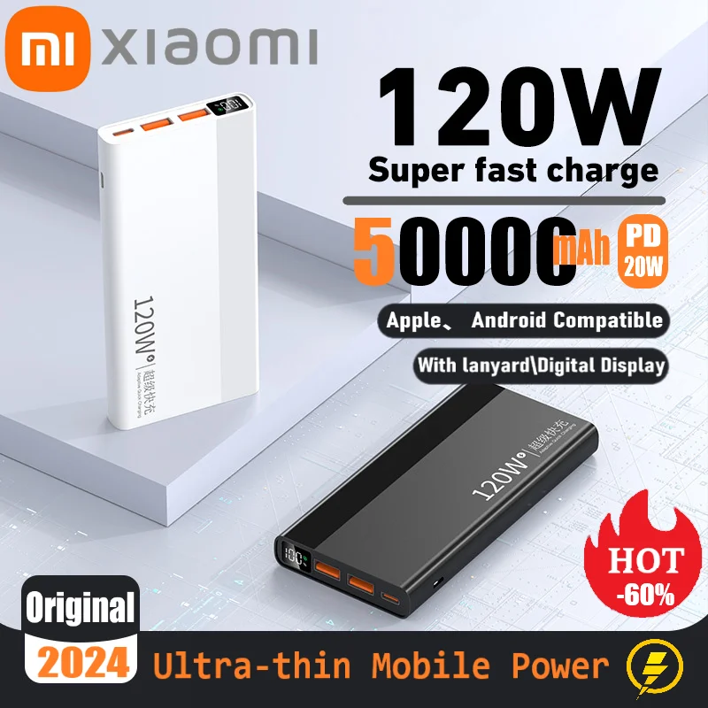 Xiaomi 50000mAh Super Thin Portable Power Bank 120W Fast Charger High Capacity Spare External Battery For iPhone 14 15 Samsung