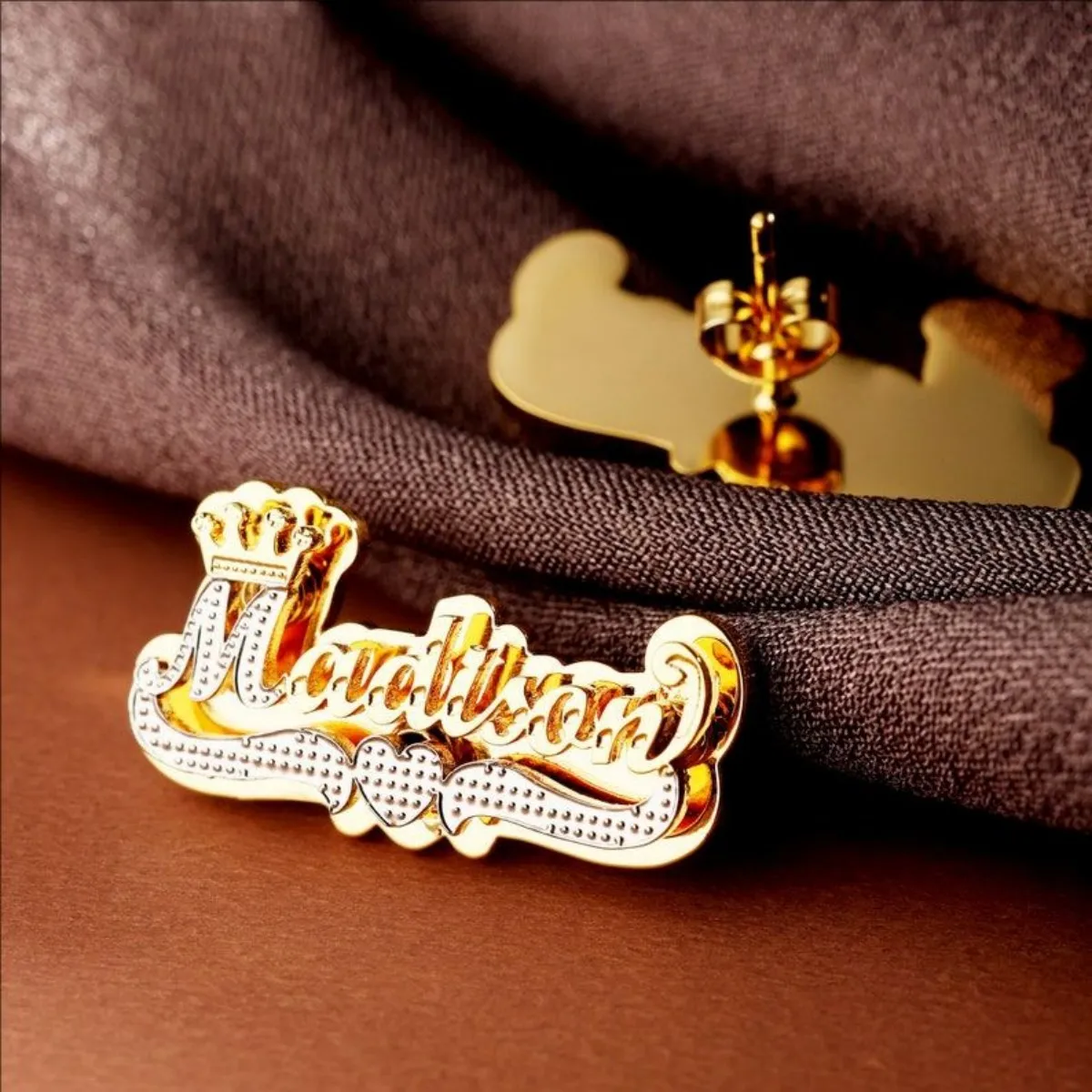 Custom Nameplate Stud Earrings with Crown Personalized Two-Tone Gold Name Earrings Fashionable And Unique Gift For Her