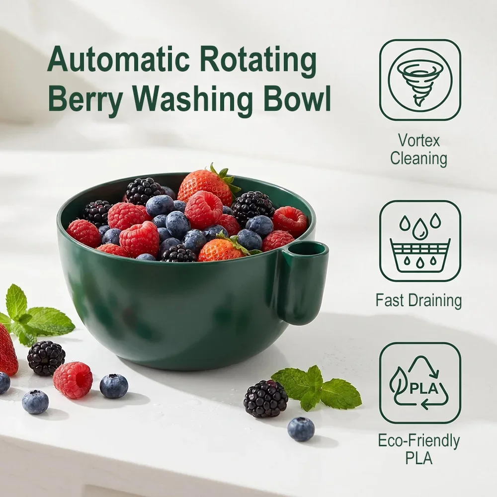 Self Spinning Fruit Washing Bowl with Drain Holes Dynamic Vortex Quick Drain Plastic Berry Vegetable Cleaning Bowl