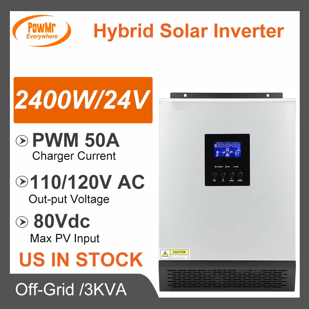 PowMr 3KVA 2400W Pure Sine Wave Solar Inverter Built-in PWM 50A 110V 120V AC 50Hz/60Hz Hybrid Solar Inverter Battery Charge