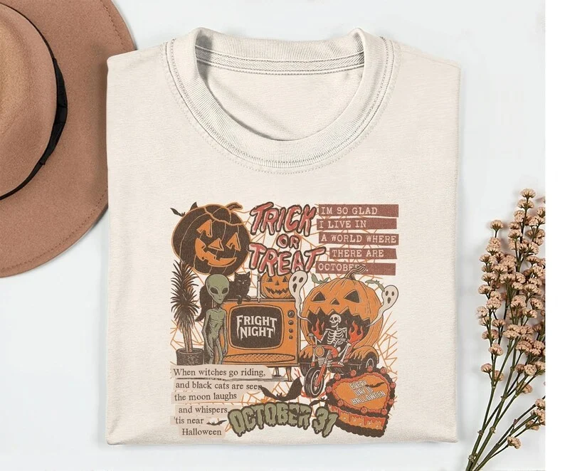 2026 Unisex Baumwolle Bequemes Halloween Oversized T-Shirt mit Retro-Kürbis-Schädel-Alien-Print, locker geschnitten, kurzärmelig, Alltagsoutfit – Detail 5