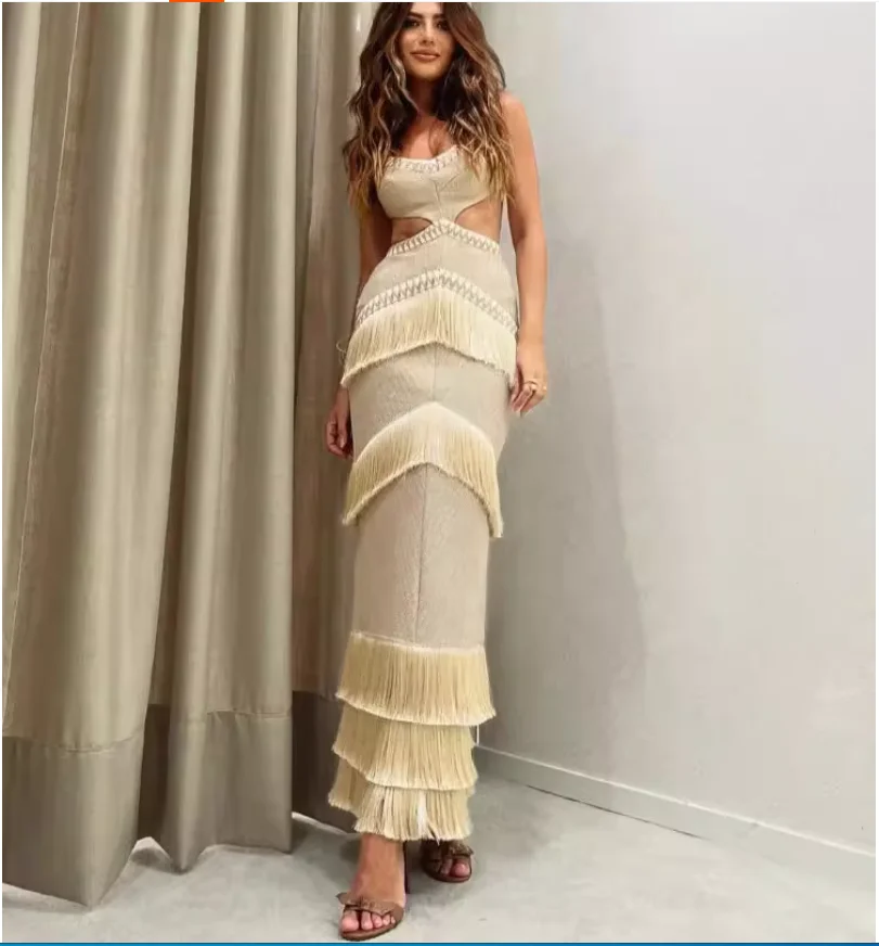 

Women Chic Tassel Spaghetti Strap Long Dress Sexy Hollow Out