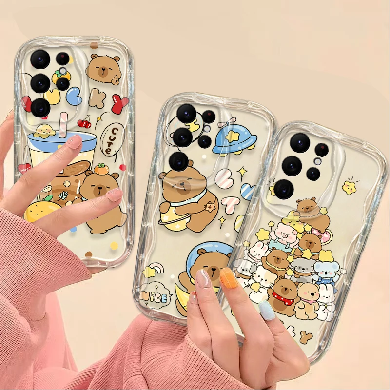 Cute Capybara Wave Soft Case For Samsung Galaxy S24 Ultra S23 S22 Plus S21 S20 FE A25 A55 A35 A15 A16 A05 A05S A06 Clear Cover