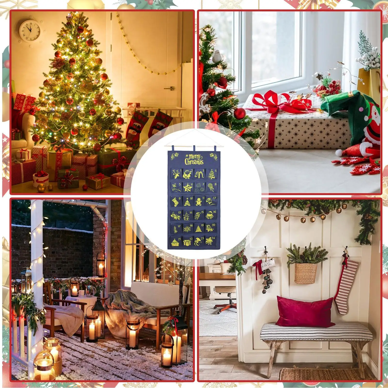 24 Days Christmas Arrival Calendar Bag Printed Multi-layer Candy Storage Bag Christmas Countdown Calendar Storage Hanging Bag